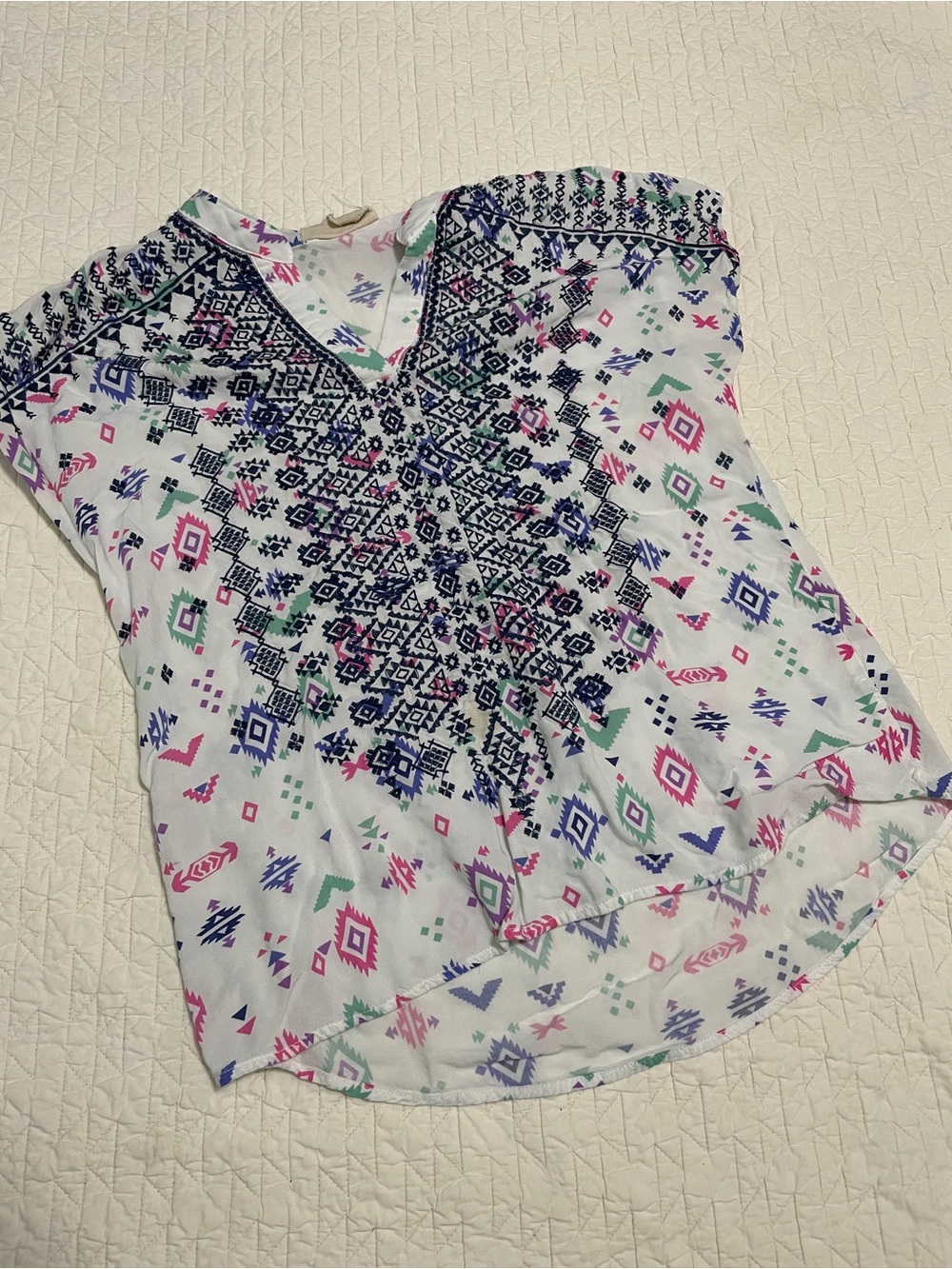 Savanna Jane White Boho V-Neck Top with Navy, Pink & Green Accents